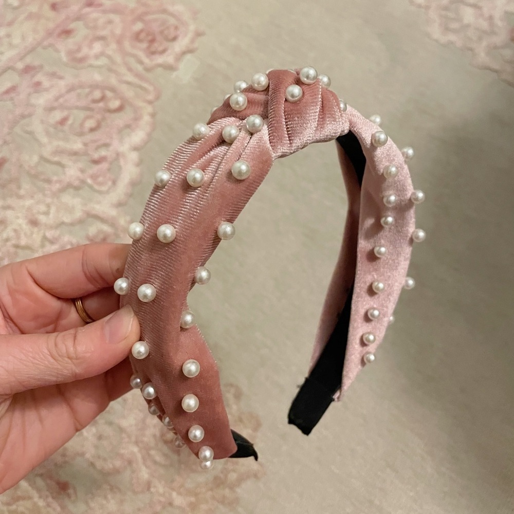 Blush Pink Velvet Pearl Knot Headband
